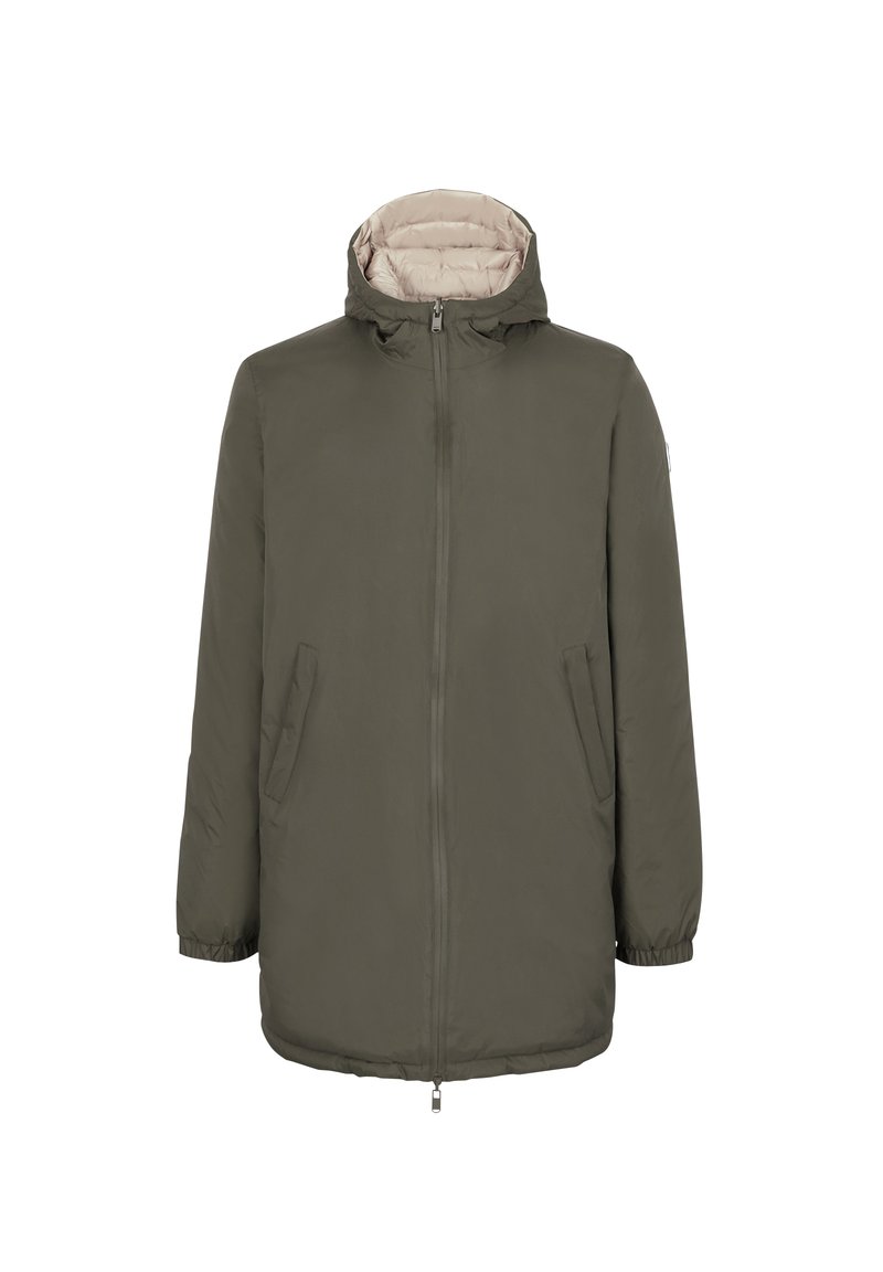 Giacca a zip verde oliva con cappuccio, dotata di foderatura beige, due tasche laterali e polsini elasticizzati per una vestibilità sicura.