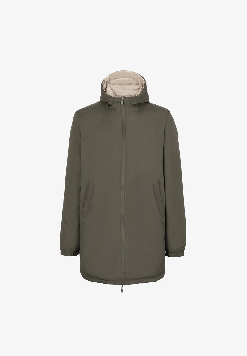 Giacca a zip verde oliva con cappuccio, dotata di foderatura beige, due tasche laterali e polsini elasticizzati per una vestibilità sicura.