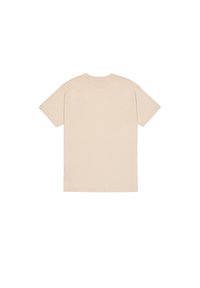 Beige Baumwoll-T-Shirt, kurze Ärmel, Rundhalsausschnitt, flacher Saum, glatte Textur, schlichte Rückendesign, mittelschwerer Stoff.