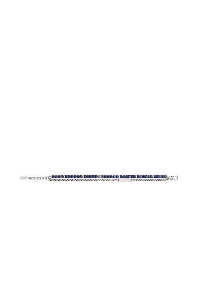 Bracelet chaîne en argent présentant des segments alternés de perles bleues et des accents argentés lisses. Fermeture simple à fermoir.