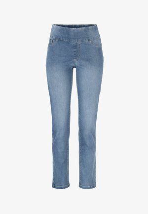 Lyseblå denimjeans med en bred, elastisk talje, straight-leg design og to forlommer. Glat tekstur med let falming.