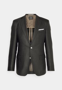 Svart kavaj med en strukturerad design, med en sned knäppning, dubbla silverknappar och ett mönstrat beige foder med en vit näsduk.
