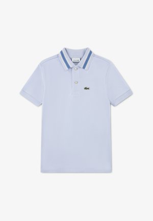 Világoskék pamut piké anyagú pólóing, csíkos gallérral, háromgombos kiképzéssel és hímzett zöld krokodil logóval.