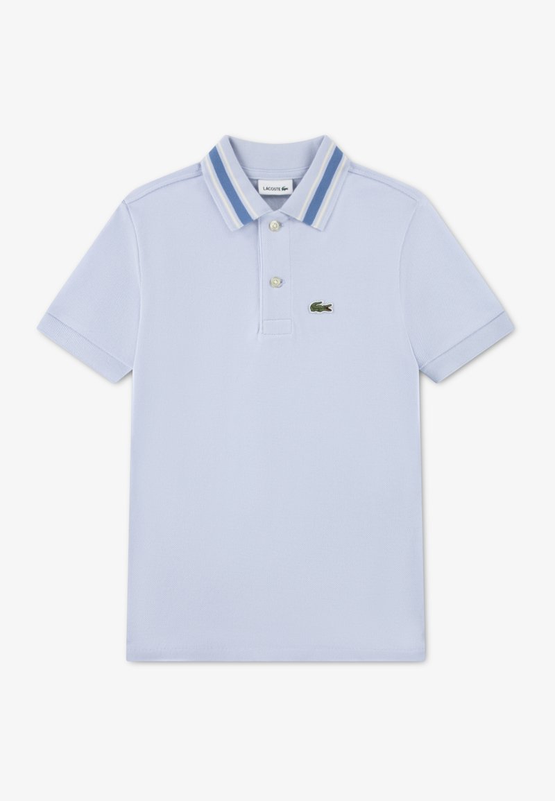 Ανοιχτό μπλε πόλο μπλούζα από βαμβακερό ύφασμα πικέ, με ριγωτό γιακά, πατιλέτα με τρία κουμπιά και κεντημένο πράσινο λογότυπο κροκόδειλου.