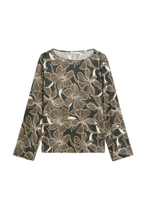 Langemouwen top in donkergroene stof met een bloemmotief in beige en crème. Comfortabele pasvorm met een ronde halslijn en een zachte textuur.