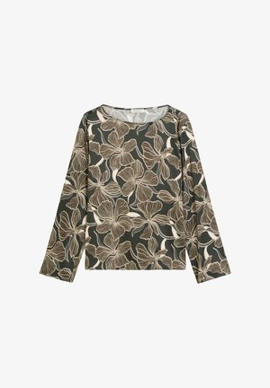 Langemouwen top in donkergroene stof met een bloemmotief in beige en crème. Comfortabele pasvorm met een ronde halslijn en een zachte textuur.