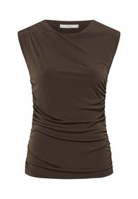 Haut sans manches marron foncé à encolure asymétrique avec des détails de tissu froncés sur les côtés et à la taille.