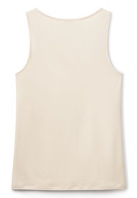 Beżowy bezrękawnik z okrągłym dekoltem i gładką fakturą. Charakteryzuje się prostym wzornictwem, prostymi brzegami i minimalnymi detalami.