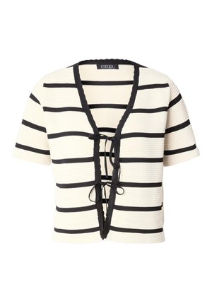 Top de punto crema de manga corta con rayas horizontales negras, ribete negro y dos cierres delanteros con lazos.