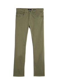 Pantaloni in twill di cotone verde oliva dal taglio dritto, dotati di cinque tasche, passanti per cintura e chiusura con bottone in vita.