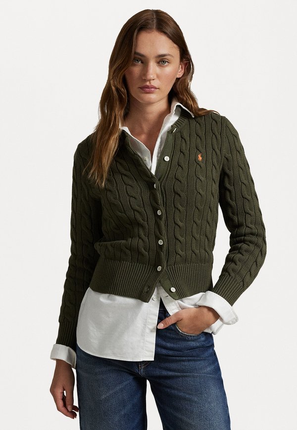 CABLE KNIT COTTON CREWNECK CARDIGAN - Cardigan - canopy olive