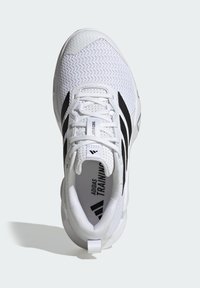 Witte trainingsschoen met bovenwerk van mesh, zwarte accenten en logo. Voorzien van een vetersluiting en een gevoerde kraag voor comfort.