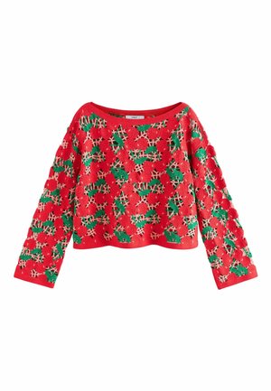 Red knit sweater with long sleeves, featuring a textured cherry and leaf pattern across the fabric.