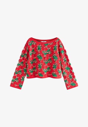 Red knit sweater with long sleeves, featuring a textured cherry and leaf pattern across the fabric.