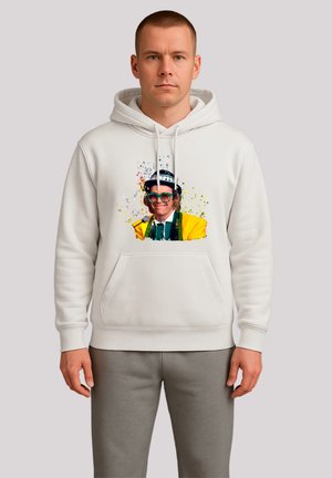 White hoodie with front pocket features a colorful printed design of a man wearing sunglasses and a hat. Soft fabric and relaxed fit.