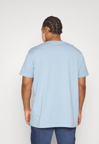 T-shirt in cotone azzurro chiaro con maniche corte, scollatura tonda e vestibilità rilassata, con un'etichetta visibile vicino all'orlo sinistro.