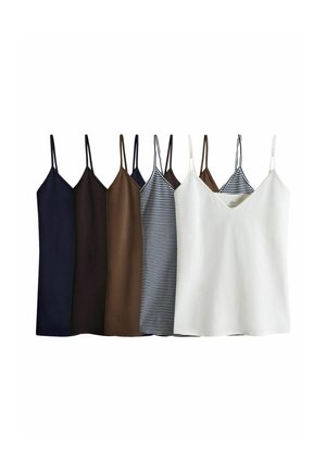 Sechs ärmellose Tops in Marineblau, Schwarz, Braun, gestreift in Marineblau und Weiß sowie Weiß, nebeneinander auf einem weißen Hintergrund präsentiert.