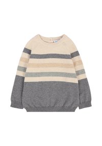 Pull en maille épaisse de couleur crème, gris et beige avec des rayures horizontales. Il présente un col rond et des poignets et un ourlet côtelés.