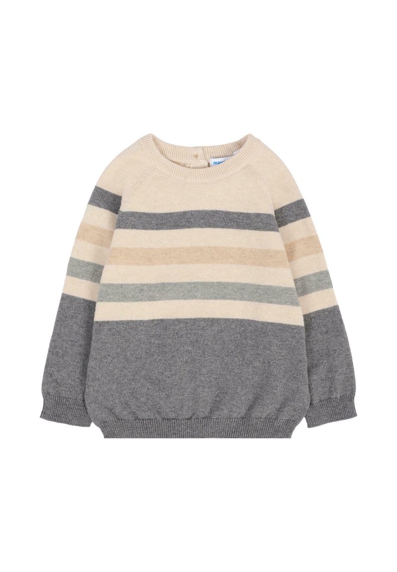 Pull en maille épaisse de couleur crème, gris et beige avec des rayures horizontales. Il présente un col rond et des poignets et un ourlet côtelés.