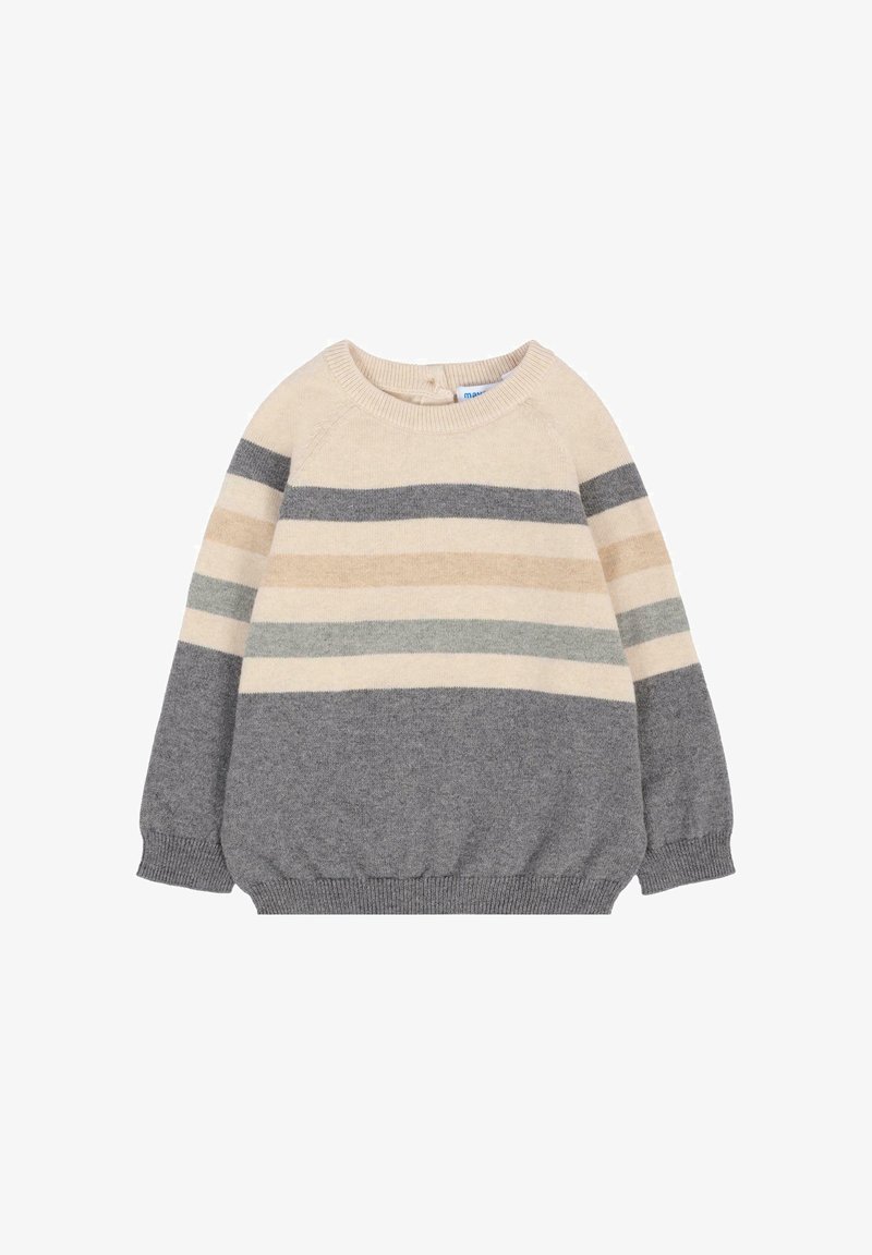 Pull en maille épaisse de couleur crème, gris et beige avec des rayures horizontales. Il présente un col rond et des poignets et un ourlet côtelés.