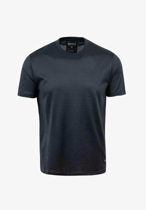 Camiseta de algodón gris oscuro con cuello redondo y mangas cortas. La tela es suave con una textura lisa y presenta un diseño minimalista.