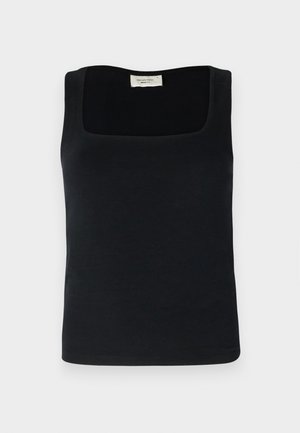 Débardeur noir sans manches avec un décolleté carré, fabriqué en tissu lisse. Design simple sans motifs ou accents visibles.