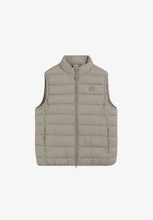 Chaleco acolchado sin mangas en color gris claro con cremallera frontal y cuello alto, con un pequeño logo circular en el pecho.