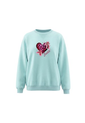 Lyseblå sweatshirt med ribkanter ved ærmer og kant, med et lyserødt leopardprint hjerte, to sløjfer, stjerner og ordet "Baddie" på fronten.