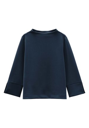 Navyblauwe sweatshirt van gladde stof, met een hoge hals, brede mouwen met zijsplitten en een losse pasvorm.
