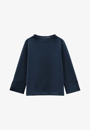 Dunkelblaues Sweatshirt aus glattem Stoff, mit hohem Kragen, weiten Ärmeln mit seitlichen Schlitzen und einer lockeren Passform.