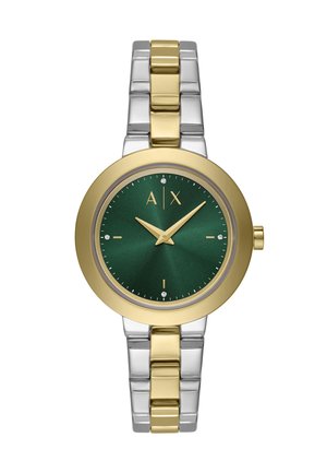 Reloj de pulsera redondo con correa metálica dorada y plateada, esfera verde, manecillas doradas, cuatro marcadores de hora de cristal y logotipo "A|X" a las 12 en punto.