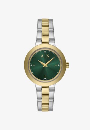 Reloj de pulsera redondo con correa metálica dorada y plateada, esfera verde, manecillas doradas, cuatro marcadores de hora de cristal y logotipo "A|X" a las 12 en punto.