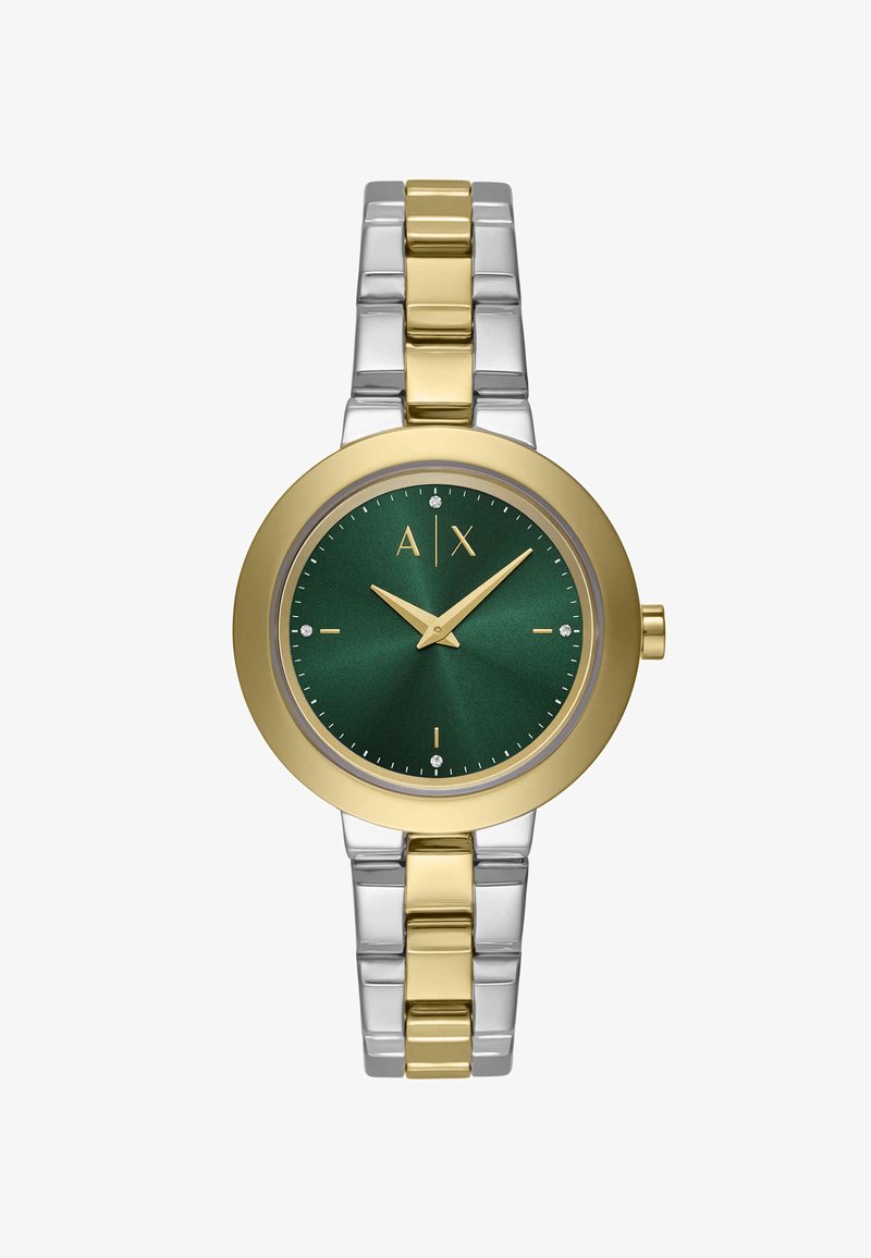 Runde Armbanduhr mit gold-silbernem Metallarmband, grünem Zifferblatt, goldenen Zeigern, vier Kristallstundenmarkierungen und dem "A|X" Logo bei 12 Uhr.