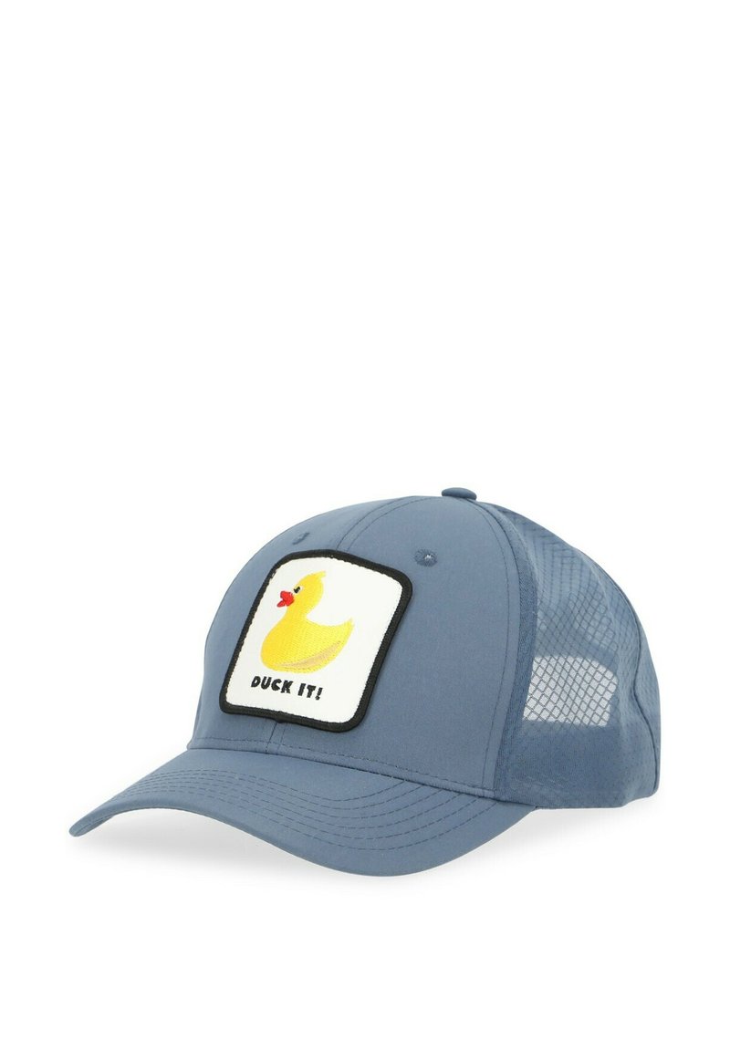 Blue baseball cap with mesh sides features a square patch displaying a yellow rubber duck and the text "DUCK IT!" in black.