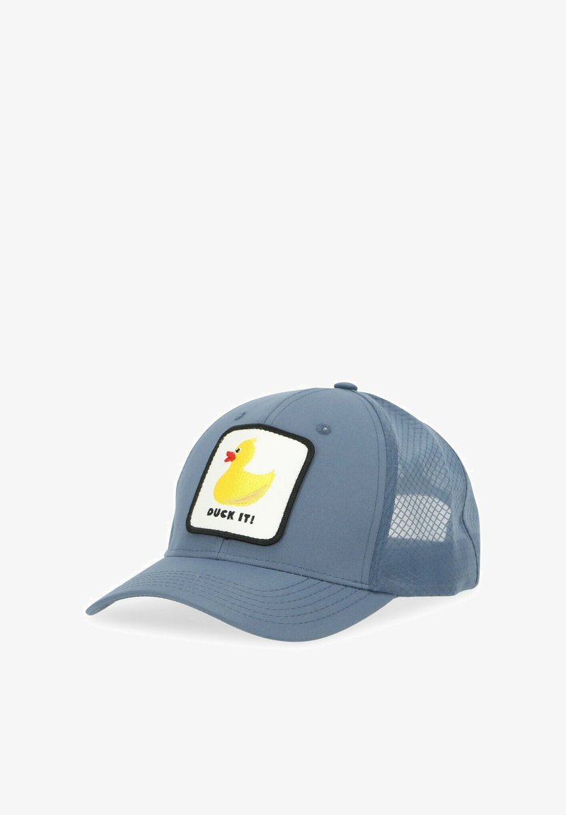 Blue baseball cap with mesh sides features a square patch displaying a yellow rubber duck and the text "DUCK IT!" in black.
