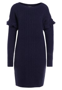 Abito maglione lavorato a maglia di color blu navy con maniche lunghe, caratterizzato da motivi testurizzati e dettagli arricciati ai polsini. Collo rotondo.