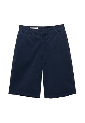 Navy blue cotton shorts with a flat front, side pockets, and a straight leg design. Features a stitched waistband and hem detailing.