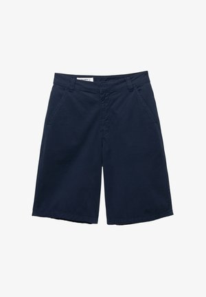 Marineblaue Baumwollshorts mit flachem Bund, seitlichen Taschen und geradem Beinschnitt. Mit gestepptem Taillenbund und Saumdetails.