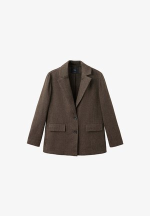 Blazer en laine marron avec col cranté, deux boutons devant et poches à rabat, présenté sur fond blanc.