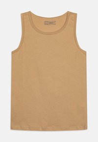 Beige ärmelloses Tanktop aus weicher Stoffqualität, mit einem runden Ausschnitt und sauberen Kanten, ohne Muster oder zusätzliche Details.