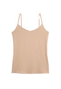 Canotta nude con spalline sottili, design a scollo a V, realizzata in tessuto morbido. Presenta una silhouette aderente e un orlo dritto nella parte inferiore.