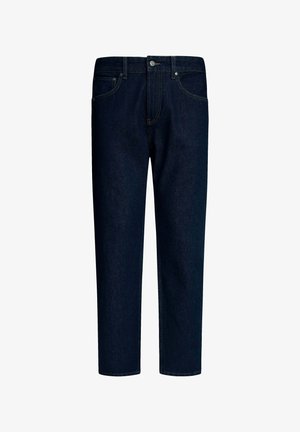 Mörkblå denimjeans med rak bendesign, klassisk femficksstil och subtil kontrastsöm. Ingen synlig slitage.