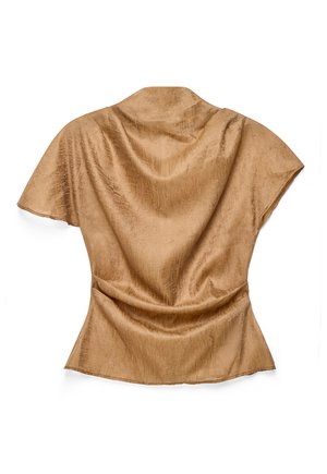 Trumpa rankovėmis, smėlio spalvos palaidinė iš tekstūruotos medžiagos, su užuolaida atgal ir aptempiama liemeniu, eksponuojama ant balto fono.