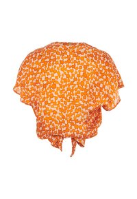 Blusa arancione con una vestibilità ampia, caratterizzata da un design a motivi di forme astratte. Maniche corte e un laccio sul retro. Tessuto leggero.