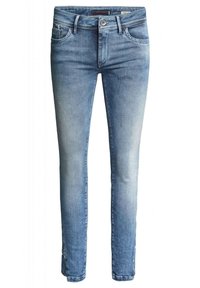 Štíhlé modré džíny vyrobené z denimu s vybledlým finišem, s knoflíkovým zapínáním, pěti kapsami a lehkým opotřebením na lemu.