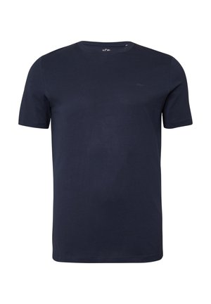 Marineblaues T-Shirt mit kurzem Ärmel und Rundhalsausschnitt, mit einem kleinen, dezenten Logo auf der linken Brust.