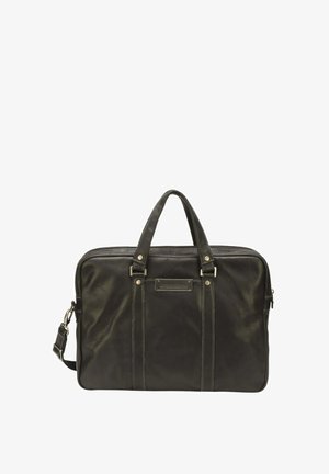Mallette en cuir noir avec double poignées, bandoulière amovible et coutures sur le panneau avant sur fond blanc.