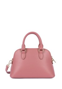 Borsa in pelle rosa con un design strutturato, doppio manico superiore, dettagli in hardware dorato e tracolla removibile.