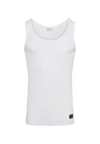White cotton tank top with wide rounded neckline, sleeveless design, and a small black label at the bottom right. Smooth texture.