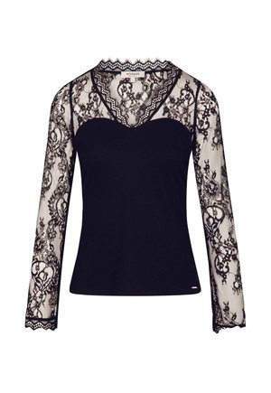 Zwarte top met een aansluitend lichaam en lange doorschijnende kantmouwen met bloemmotieven en gegolfde randen. Geribbeld motief op de torso.